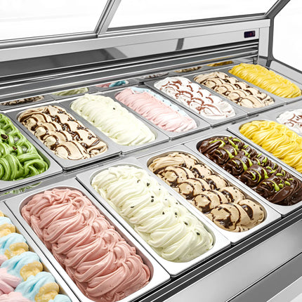 GGM Gastro Ice Cream Display Freezer | NOLAN - 1730mm - Ventilated cooling - with LED lighting - for 18 x 5 litres Napoli pans - White