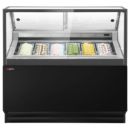 GGM Gastro Ice Cream Display Freezer | THEO - 1300mm - Ventilated cooling - with LED lighting - for 6 x 5 litres Napoli pans - Black