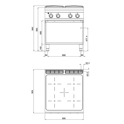 GGM Gastro Infrared Hob - 16kW - 4 zones - with open base shelf - Heavy Duty