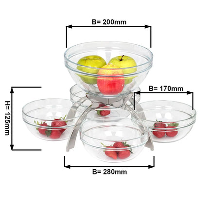 GGM Gastro Jam Etagere / Buffet Stand - Stainless steel frame - Chrome - Height: 340mm - incl. 5 Glass bowls 4x170x170mm, 1x200x200mm