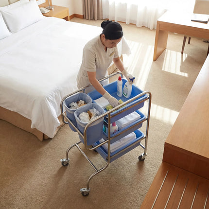 GGM Gastro Janitorial Cleaning Trolley - Open - with 3 shelves & 2 buckets