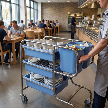 GGM Gastro Janitorial Cleaning Trolley - Open - with 3 shelves & 2 buckets