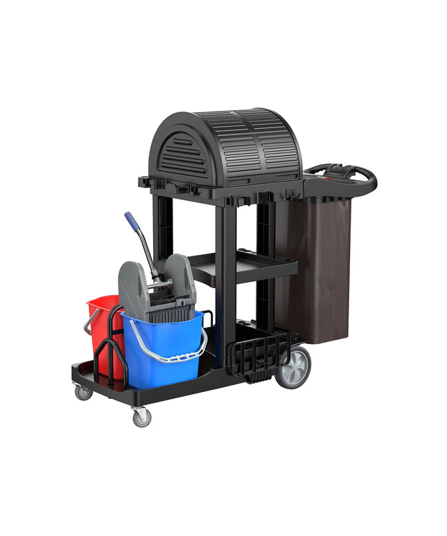 GGM Gastro Janitorial Cleaning Trolley - Open - with 3 shelves & down-press wringer & laundry bag & roller shutter doors - Black