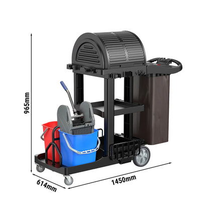 GGM Gastro Janitorial Cleaning Trolley - Open - with 3 shelves & down-press wringer & laundry bag & roller shutter doors - Black