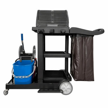 GGM Gastro Janitorial Cleaning Trolley - Open - with 3 shelves & down-press wringer & laundry bag & roller shutter doors - Black