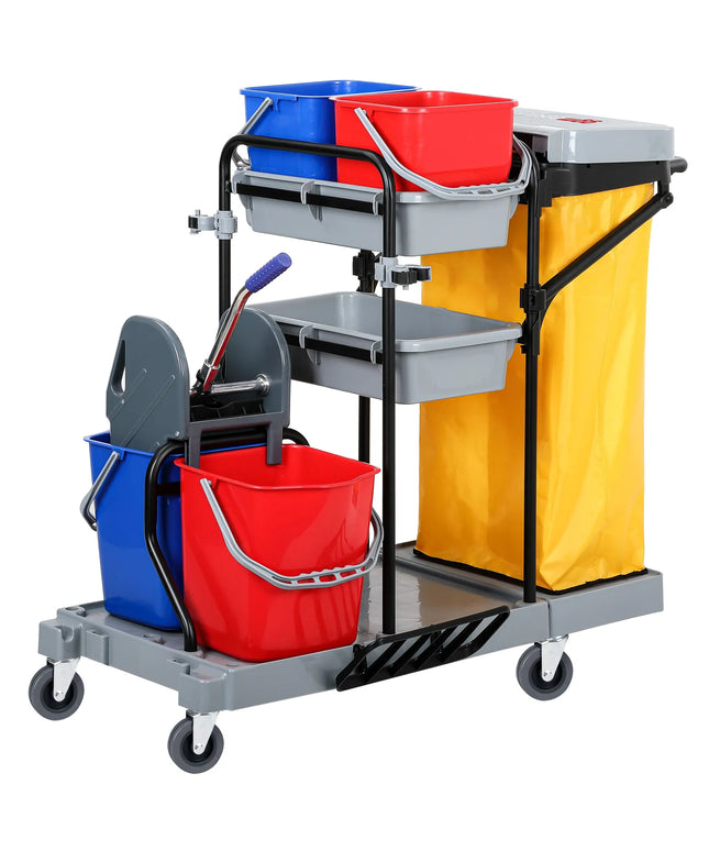 GGM Gastro Janitorial Cleaning Trolley - Open - with 4 Containers, Mop Wringer & Laundry Bag- Grey