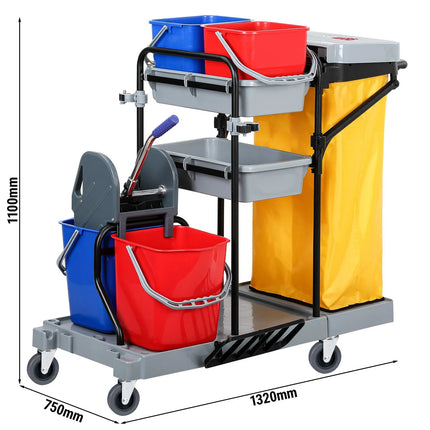 GGM Gastro Janitorial Cleaning Trolley - Open - with 4 Containers, Mop Wringer & Laundry Bag- Grey