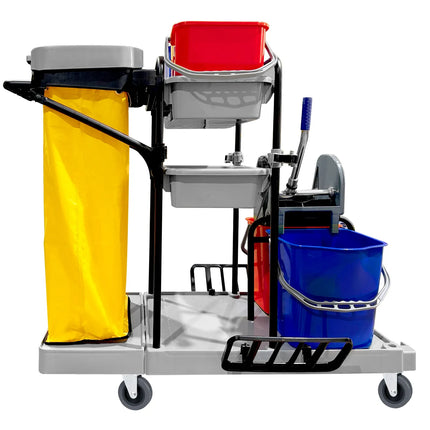 GGM Gastro Janitorial Cleaning Trolley - Open - with 4 Containers, Mop Wringer & Laundry Bag- Grey