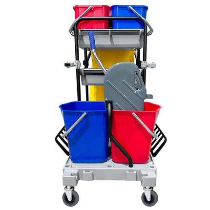 GGM Gastro Janitorial Cleaning Trolley - Open - with 4 Containers, Mop Wringer & Laundry Bag- Grey