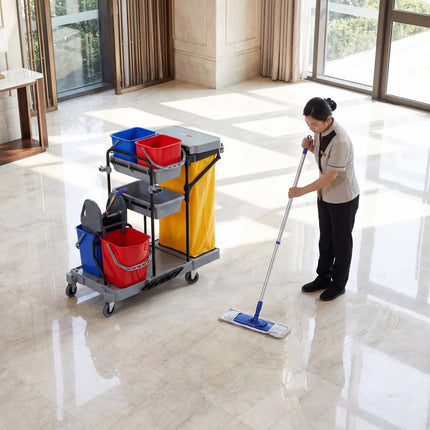 GGM Gastro Janitorial Cleaning Trolley - Open - with 4 Containers, Mop Wringer & Laundry Bag- Grey