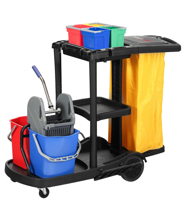 GGM Gastro Janitorial Cleaning Trolley - Open - with 6 Containers, Mop Wringer & Laundry Bag - Black