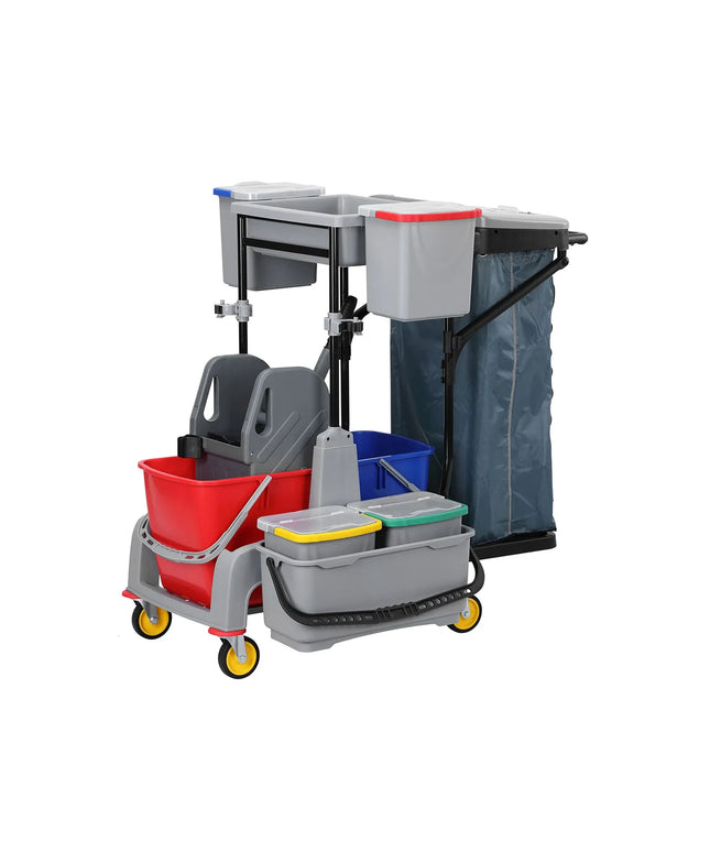 GGM Gastro Janitorial Cleaning Trolley - Open - with 6 Containers, Mop Wringer, Laundry Bag & Shelf - Grey