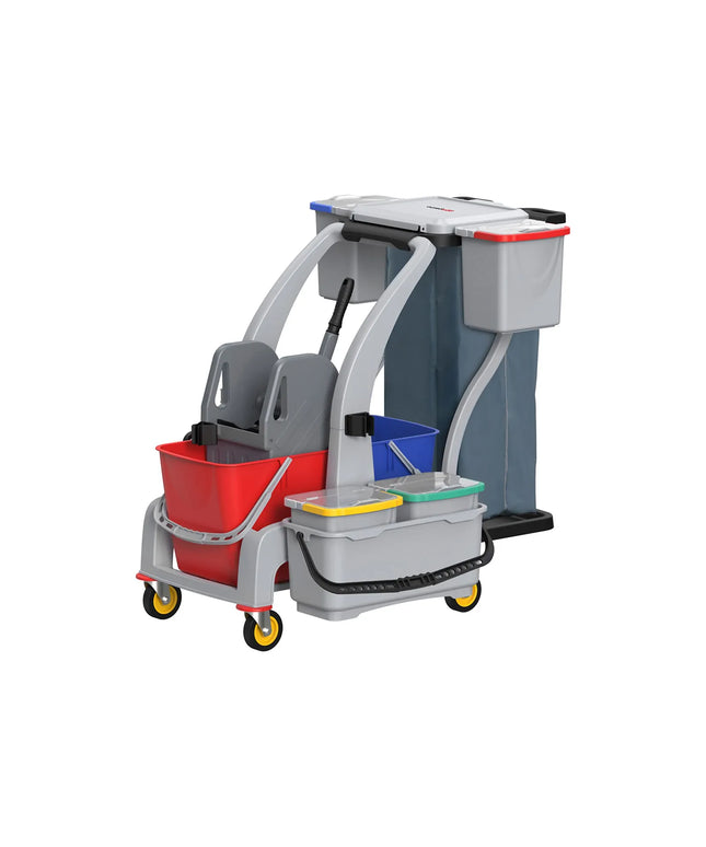 GGM Gastro Janitorial Cleaning Trolley - Open - with 6 Containers, Mop Wringer & Laundry Bag - Grey
