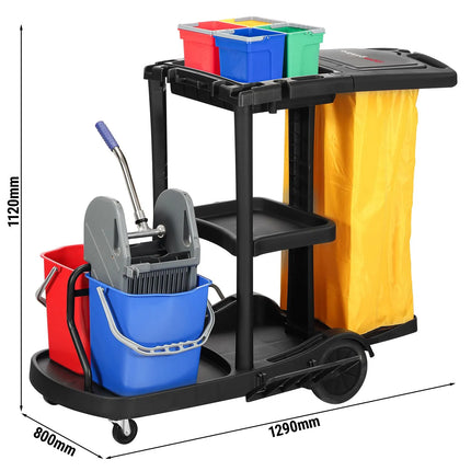 GGM Gastro Janitorial Cleaning Trolley - Open - with 6 Containers, Mop Wringer & Laundry Bag - Black