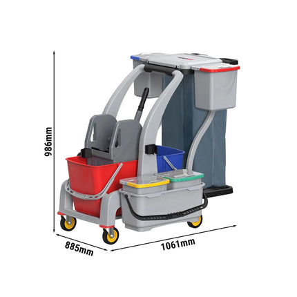 GGM Gastro Janitorial Cleaning Trolley - Open - with 6 Containers, Mop Wringer & Laundry Bag - Grey