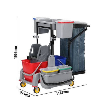 GGM Gastro Janitorial Cleaning Trolley - Open - with 6 Containers, Mop Wringer, Laundry Bag & Shelf - Grey