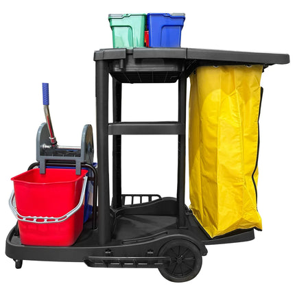 GGM Gastro Janitorial Cleaning Trolley - Open - with 6 Containers, Mop Wringer & Laundry Bag - Black