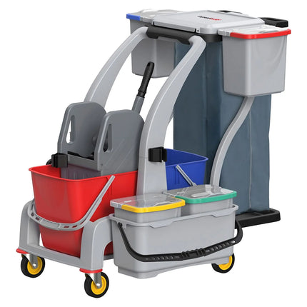 GGM Gastro Janitorial Cleaning Trolley - Open - with 6 Containers, Mop Wringer & Laundry Bag - Grey