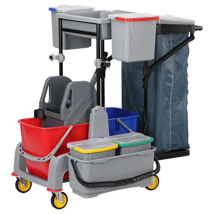 GGM Gastro Janitorial Cleaning Trolley - Open - with 6 Containers, Mop Wringer, Laundry Bag & Shelf - Grey
