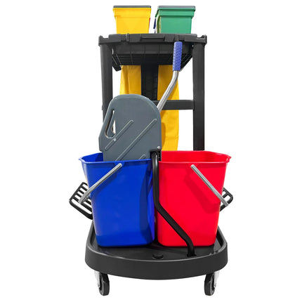 GGM Gastro Janitorial Cleaning Trolley - Open - with 6 Containers, Mop Wringer & Laundry Bag - Black