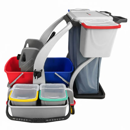 GGM Gastro Janitorial Cleaning Trolley - Open - with 6 Containers, Mop Wringer & Laundry Bag - Grey