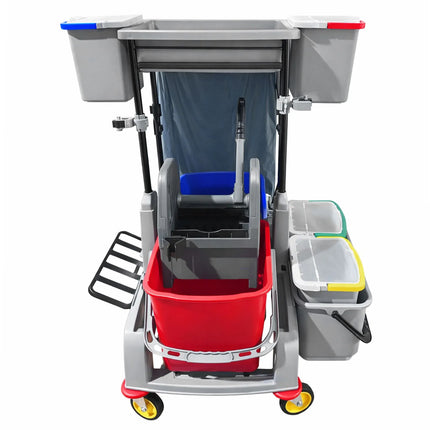 GGM Gastro Janitorial Cleaning Trolley - Open - with 6 Containers, Mop Wringer, Laundry Bag & Shelf - Grey