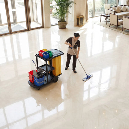 GGM Gastro Janitorial Cleaning Trolley - Open - with 6 Containers, Mop Wringer & Laundry Bag - Black