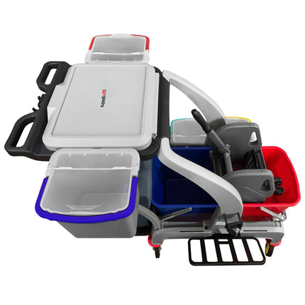 GGM Gastro Janitorial Cleaning Trolley - Open - with 6 Containers, Mop Wringer & Laundry Bag - Grey