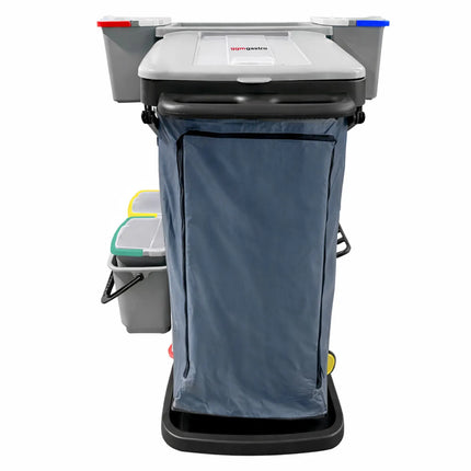 GGM Gastro Janitorial Cleaning Trolley - Open - with 6 Containers, Mop Wringer, Laundry Bag & Shelf - Grey