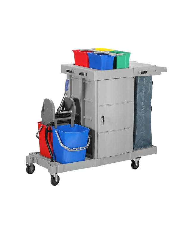 GGM Gastro Janitorial Cleaning Trolley - With Lockable Cabinet - with 6 lidded boxes & laundry bag - Grey