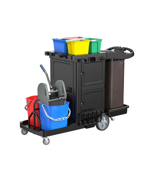 GGM Gastro Janitorial Cleaning Trolley - With Lockable Cabinet - with 6 lidded boxes & laundry bag - Black