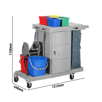 GGM Gastro Janitorial Cleaning Trolley - With Lockable Cabinet - with 6 lidded boxes & laundry bag - Grey