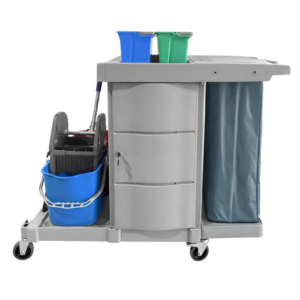 GGM Gastro Janitorial Cleaning Trolley - With Lockable Cabinet - with 6 lidded boxes & laundry bag - Grey