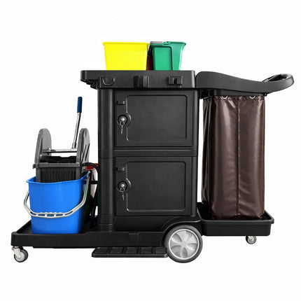 GGM Gastro Janitorial Cleaning Trolley - With Lockable Cabinet - with 6 lidded boxes & laundry bag - Black