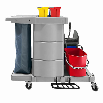 GGM Gastro Janitorial Cleaning Trolley - With Lockable Cabinet - with 6 lidded boxes & laundry bag - Grey
