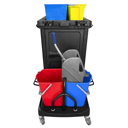 GGM Gastro Janitorial Cleaning Trolley - With Lockable Cabinet - with 6 lidded boxes & laundry bag - Black