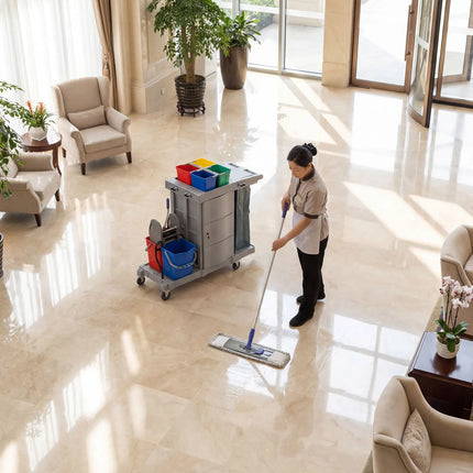 GGM Gastro Janitorial Cleaning Trolley - With Lockable Cabinet - with 6 lidded boxes & laundry bag - Grey