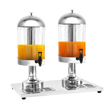 GGM Gastro Juice Dispenser - 2x polycarbonate tanks with tap & ice inserts - 2x 8 Litres - Stainless steel - incl. drip tray & lid