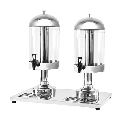 GGM Gastro Juice Dispenser - 2x polycarbonate tanks with tap & ice inserts - 2x 8 Litres - Stainless steel - incl. drip tray & lid
