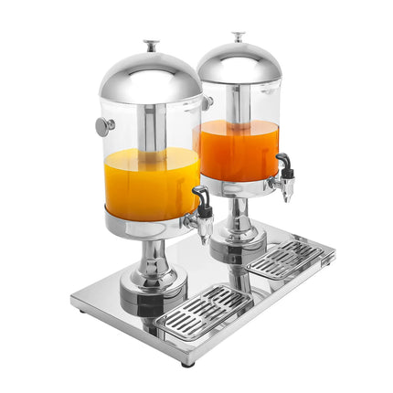 GGM Gastro Juice Dispenser - 2x polycarbonate tanks with tap & ice inserts - 2x 7.5 Litres - Stainless steel - incl. drip tray & ice inserts