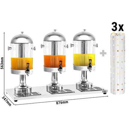 GGM Gastro Juice Dispenser - 3x polycarbonate tanks with tap & ice inserts - 3x 7.5 Litres - Stainless steel - incl. drip tray & 3x ice cylinders & 3x perforated infusion cylinders