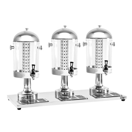 GGM Gastro Juice Dispenser - 3x polycarbonate tanks with tap & ice inserts - 3x 7.5 Litres - Stainless steel - incl. drip tray & 3x ice cylinders & 3x perforated infusion cylinders