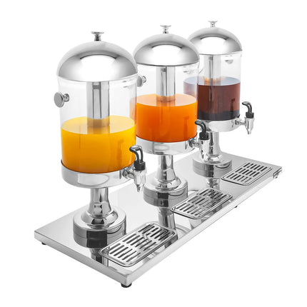 GGM Gastro Juice Dispenser - 3x polycarbonate tanks with tap & ice inserts - 3x 7.5 Litres - Stainless steel - incl. drip tray & 3x ice cylinders & 3x perforated infusion cylinders