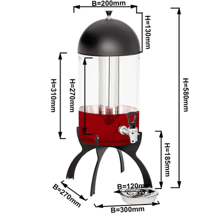 GGM Gastro Juice Dispenser - polycarbonate tank with tap on black powder-coated stainless-steel base - 7 Litres - Black - incl. drip tray