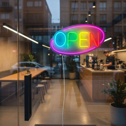 GGM Gastro LED illuminated sign - OPEN - dimmable - Magenta/Multi-colour - 420x250mm