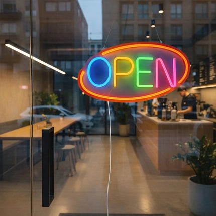 GGM Gastro LED illuminated sign - OPEN - dimmable - Orange/Multi-colour - 420x250mm