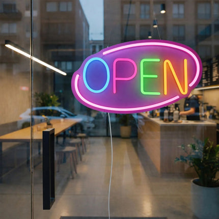 GGM Gastro LED illuminated sign - OPEN - dimmable - Pink/Multicolour - 420x250mm