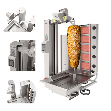 GGM Gastro Lò Doner Kebab Gas Tự Động - 5 Họng - Đến 120kg - 13.3kW - Để Bàn - Kèm 1 Xiên & Khay Hứng