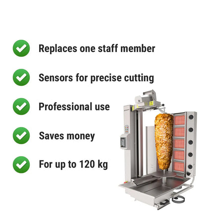 GGM Gastro Lò Doner Kebab Gas Tự Động - 5 Họng - Đến 120kg - 13.3kW - Để Bàn - Kèm 1 Xiên & Khay Hứng