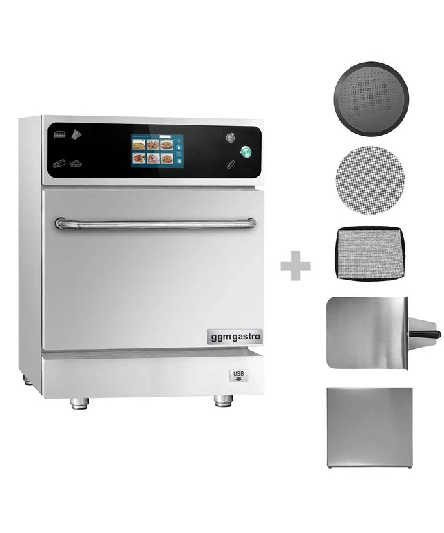 GGM Gastro Lò Nướng Tốc Độ Cao - Cảm Ứng - 3.5kW - Thép Không Gỉ - Không Cần Ống Thoát - Kèm Khay Pizza, Giỏ Lưới, Khay Nướng Chống Dính | Nấu Nhanh Hơn 80%